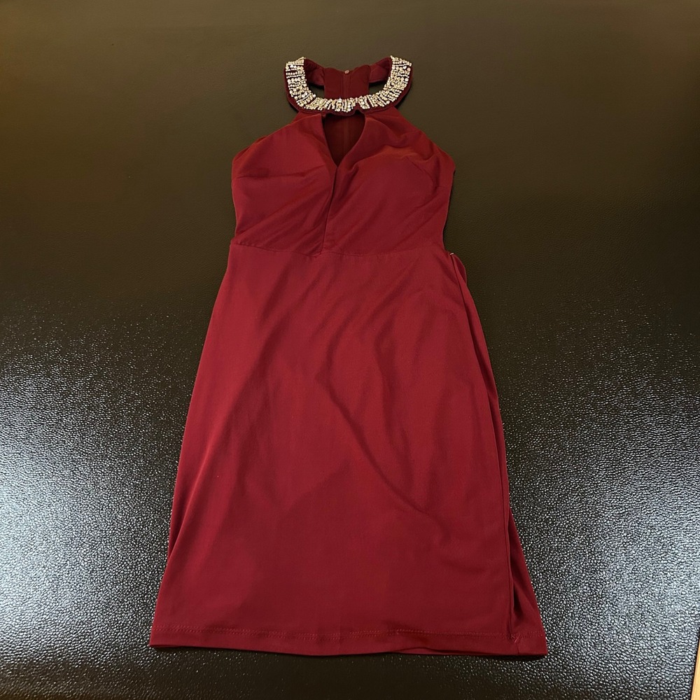 B.Darlin Halter Dress Rhinestone Collar Party Cocktail Dress Red Womens size 1/2
